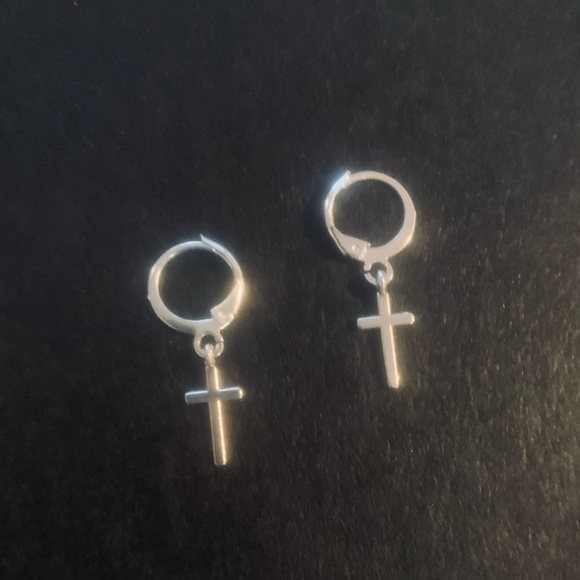 Miniature Cross Hoop Earrings - Picture 3 of 8